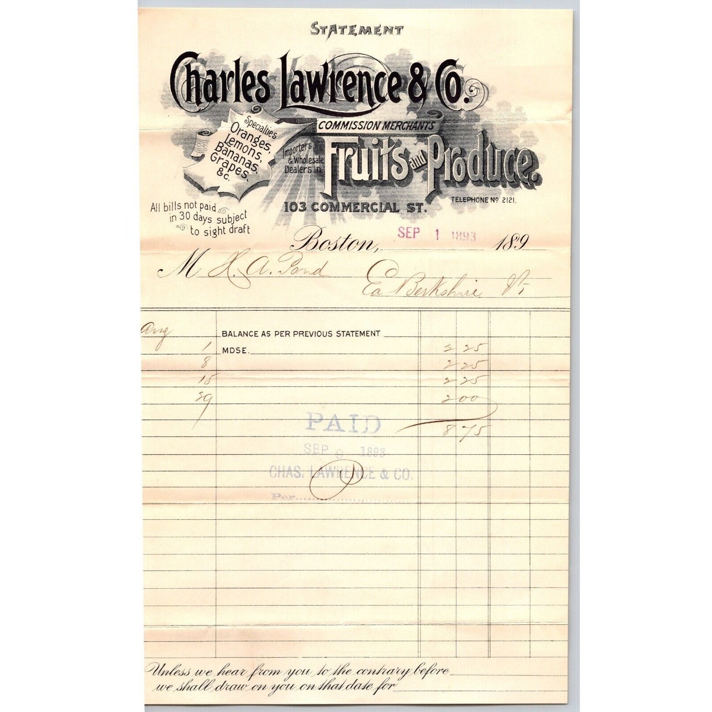 Charles Lawrence & Co. Fruits Produce Boston, MA 1893 Billhead / Statement