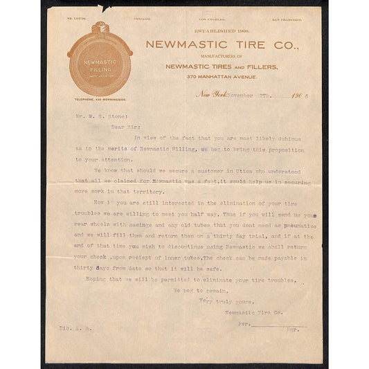 Newmastic Tire Co. Manhattan Ave NYC 1906 Letterhead Tire Cut-away Vignette