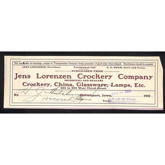 Jens Lorenzen Crockery Davenport Hutchinson Decorah IA* Cut 1903 Billhead