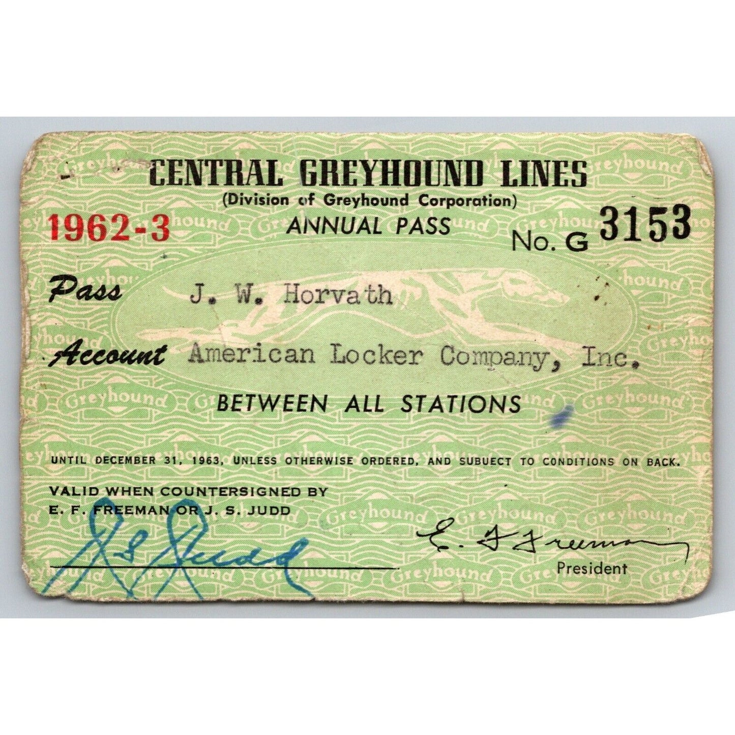 Central Greyhound Lines 1962-63 Annual / Yearly Bus Pass #3153