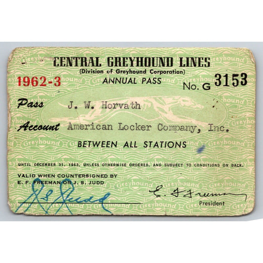 Central Greyhound Lines 1962-63 Annual / Yearly Bus Pass #3153
