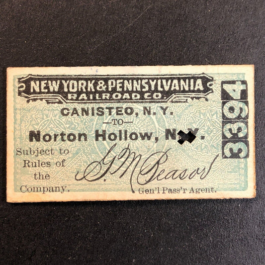 New York & Pennsylvania Railroad July 10 1917 Norton Hollow Ticket #3394 Scarce