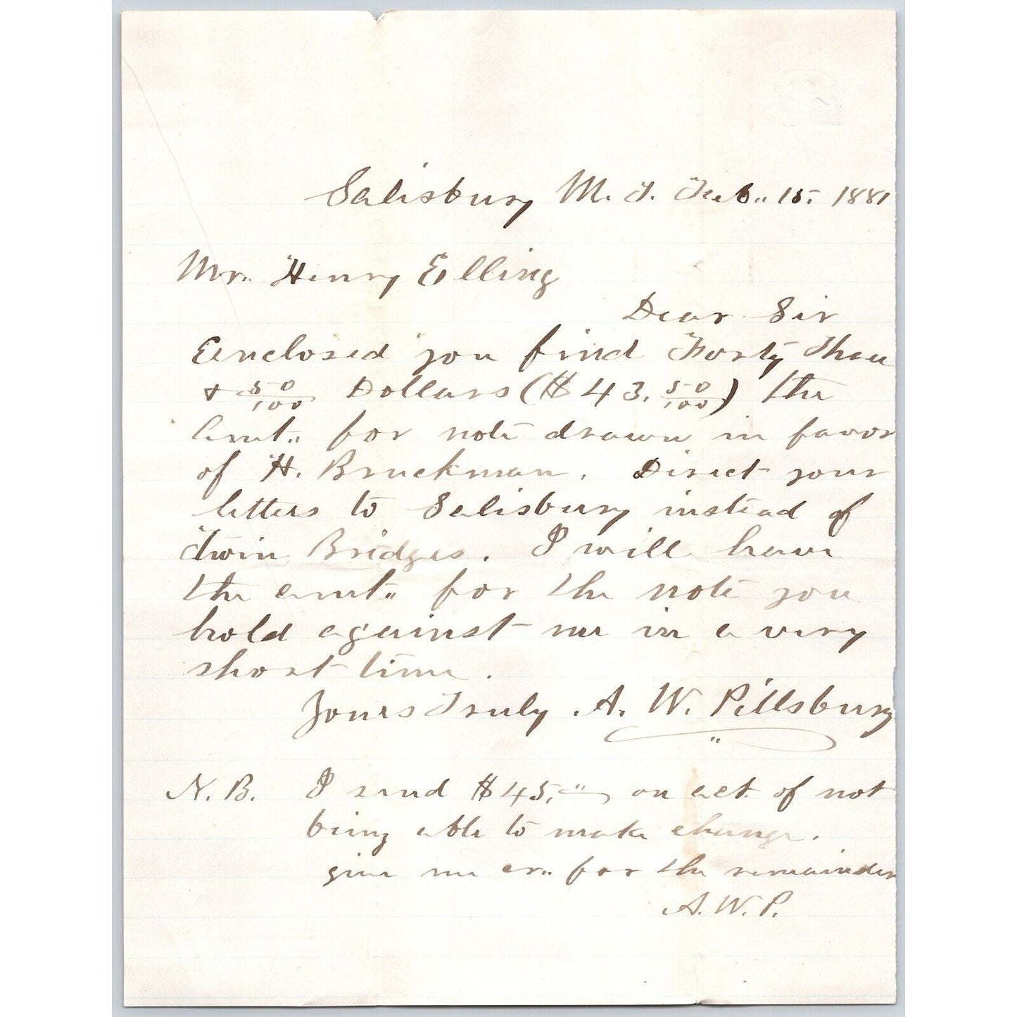 1881 ALS from "A.W. Pittsburgh" Salisbury, MT to Henry Elling* Virginia City, MT