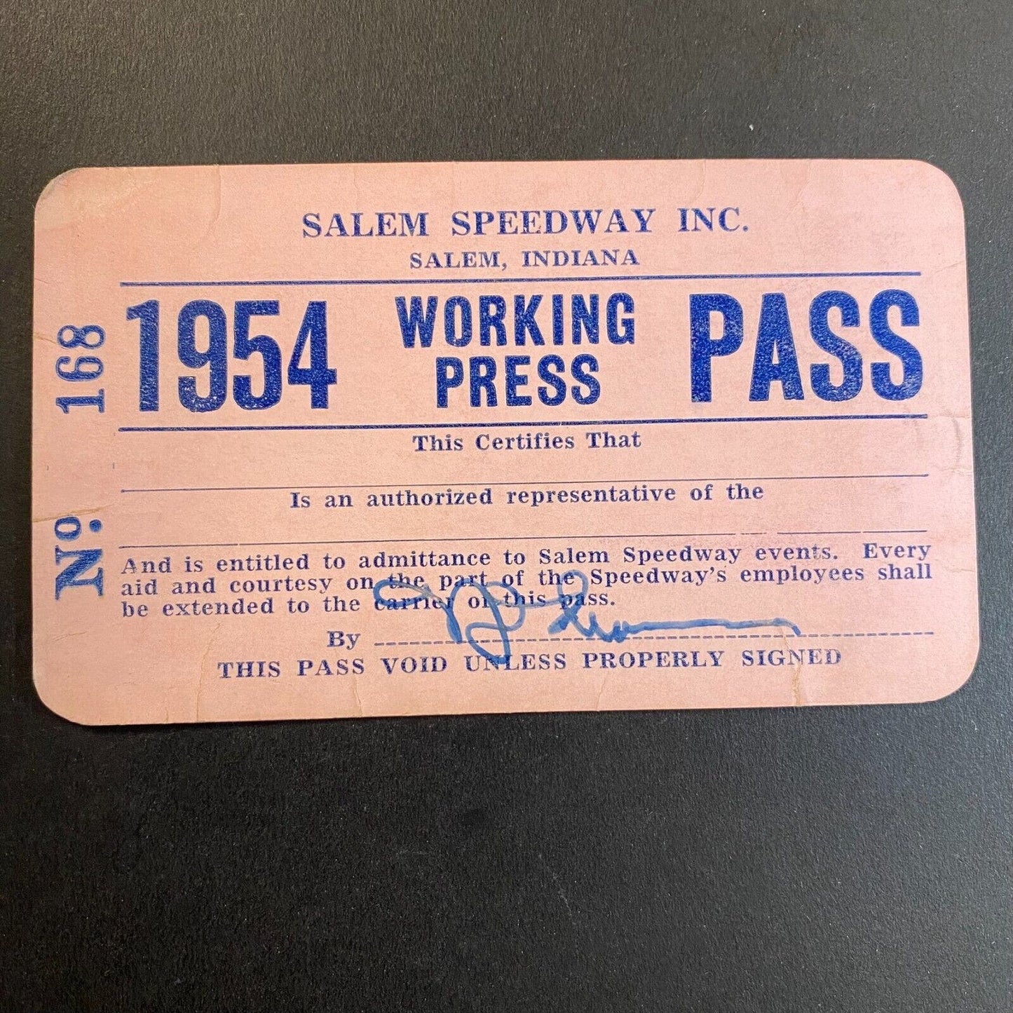 1954 Salem Speedway Indiana Working Press Pass Credential Card - Scarce