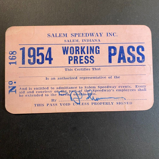 1954 Salem Speedway Indiana Working Press Pass Credential Card - Scarce