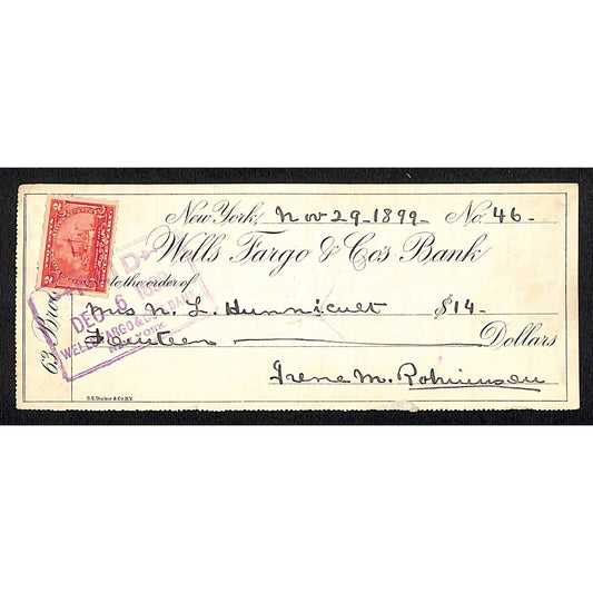 1899 Wells Fargo & Co. Bank 63 Broadway NYC Check #46 w/ Rev Stamp Hunnicutt