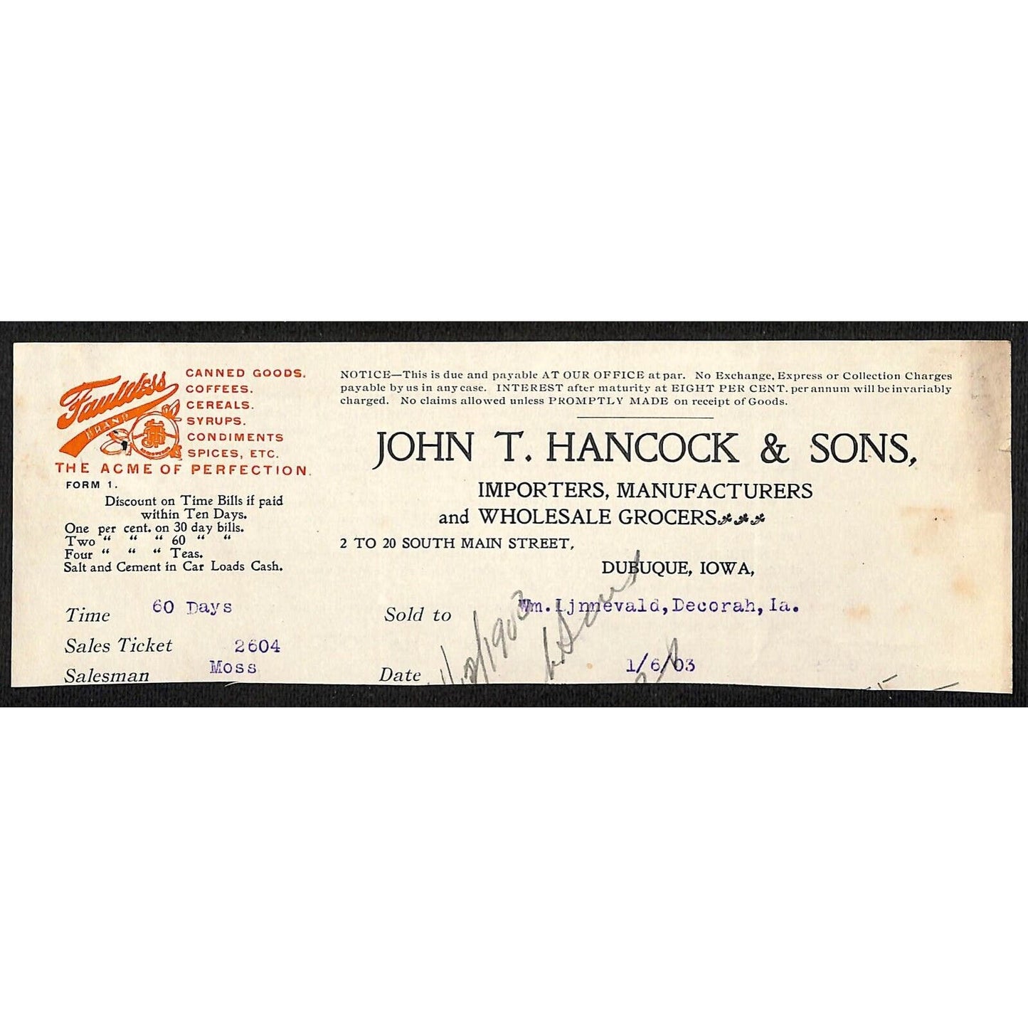 John T Hancock & Sons Dubuque Grocers Hutchinson Decorah* 1/6 1903 Cut Billhead