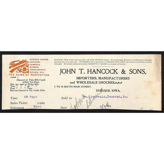 John T Hancock & Sons Dubuque Grocers Hutchinson Decorah* 1/6 1903 Cut Billhead