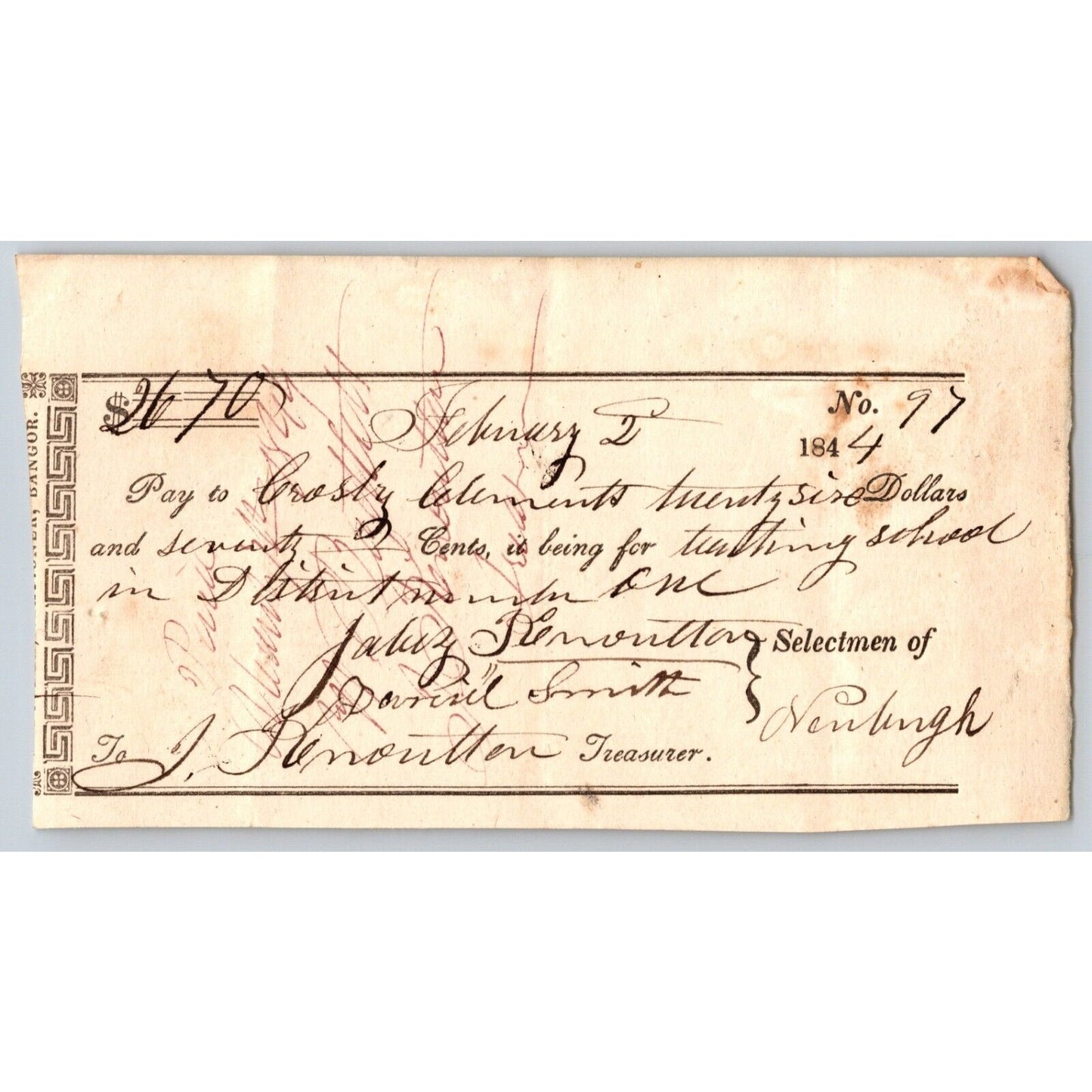 1844 Jabez Knowlton* Newburgh ME Town Check to Crosby Clements Teaching School