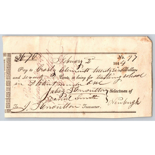 1844 Jabez Knowlton* Newburgh ME Town Check to Crosby Clements Teaching School