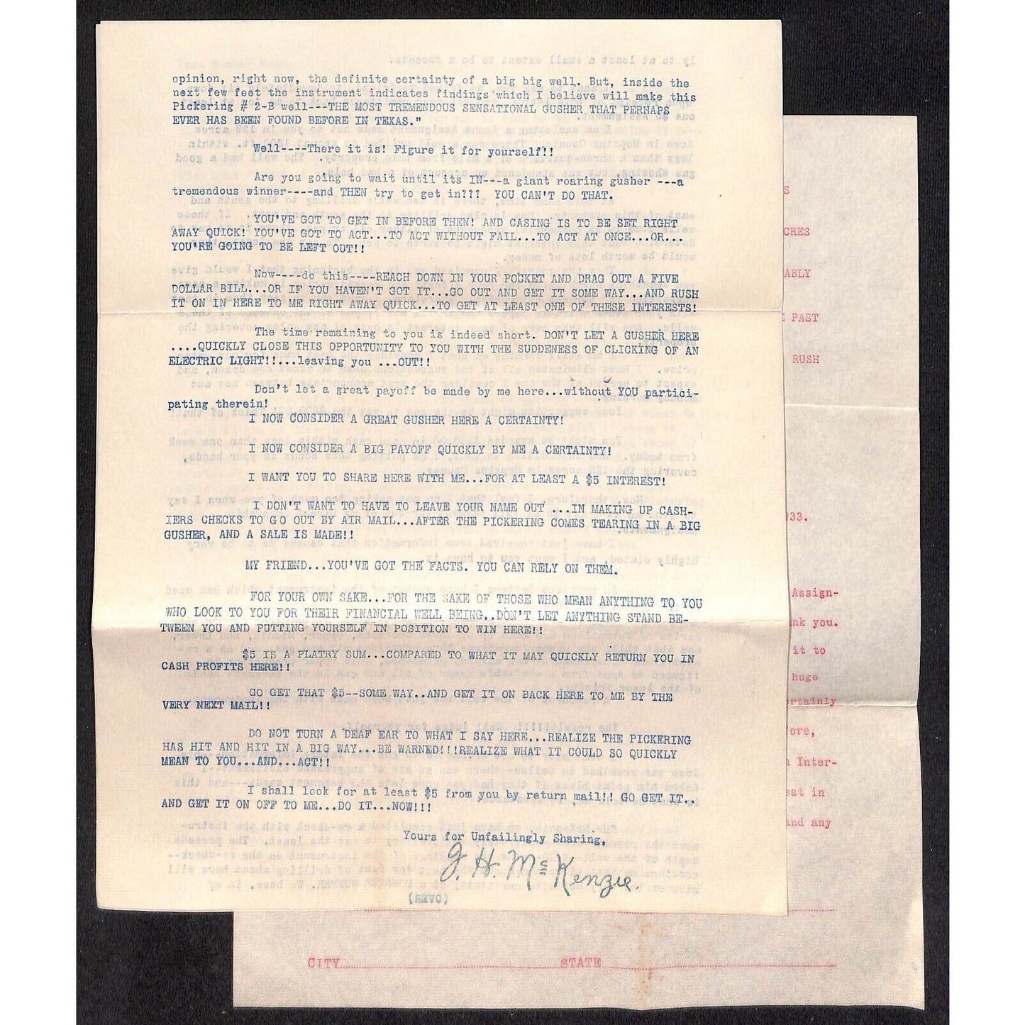 J.H. McKenzie Fort Worth 1933 Oil Lease & Royalties Lengthy Promotion Letter 4pp