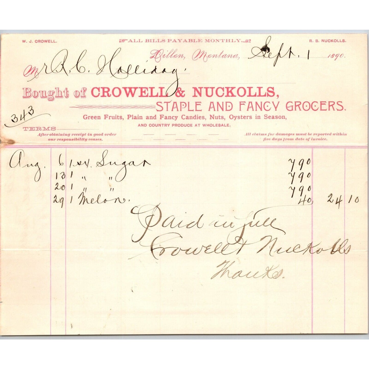 Dillon MT Crowell & Nuckolls Sept. 1890 Billhead Fancy Groceries R.C. Halliday*