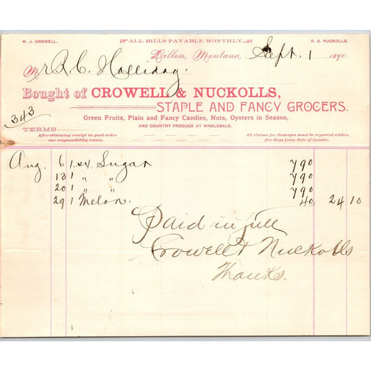 Dillon MT Crowell & Nuckolls Sept. 1890 Billhead Fancy Groceries R.C. Halliday*
