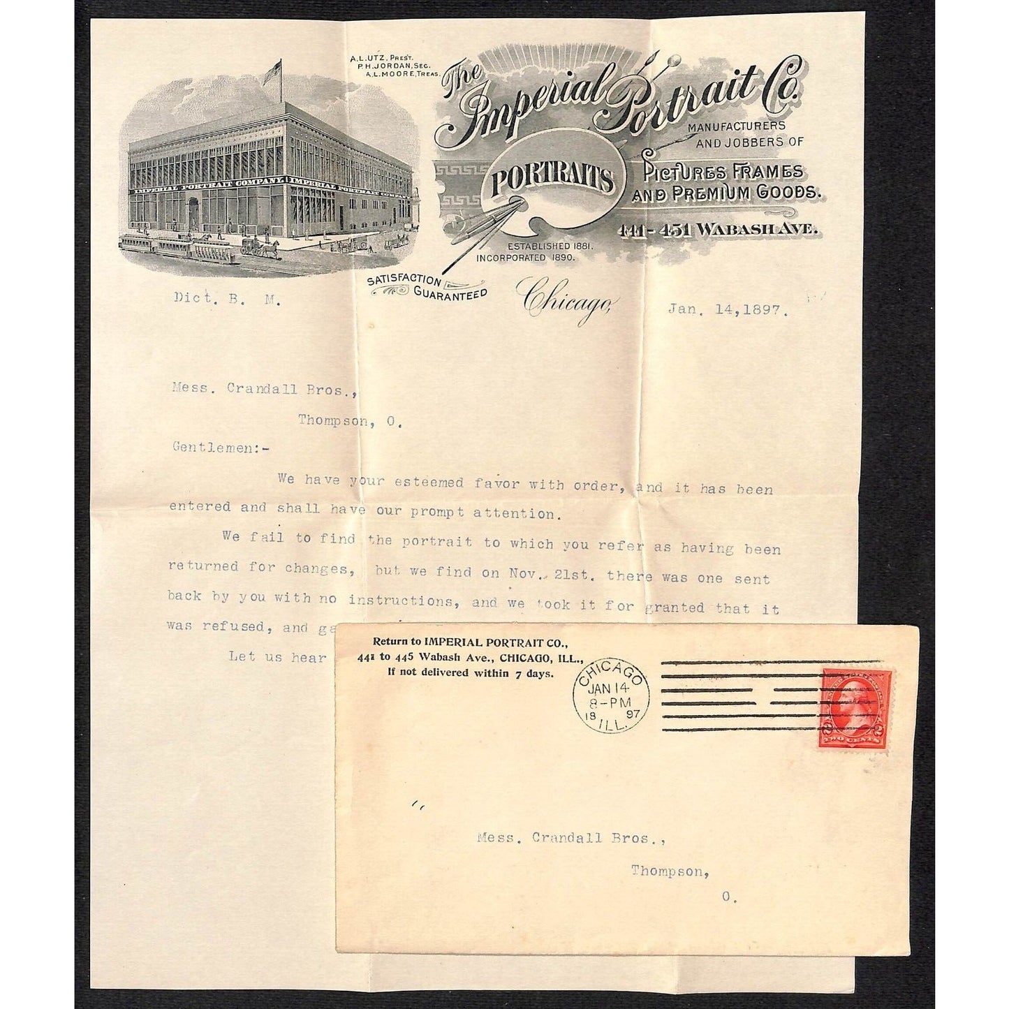 Imperial Portrait Co. Chicago 1897 Letterhead & Cover re: Returned Portrait