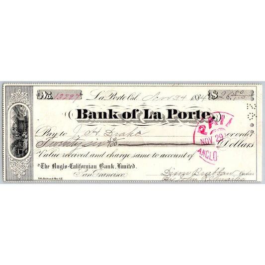 Bank of La Porte Check J.H. Drake (Wells Fargo Agent ?) 1884 Mining Vignette