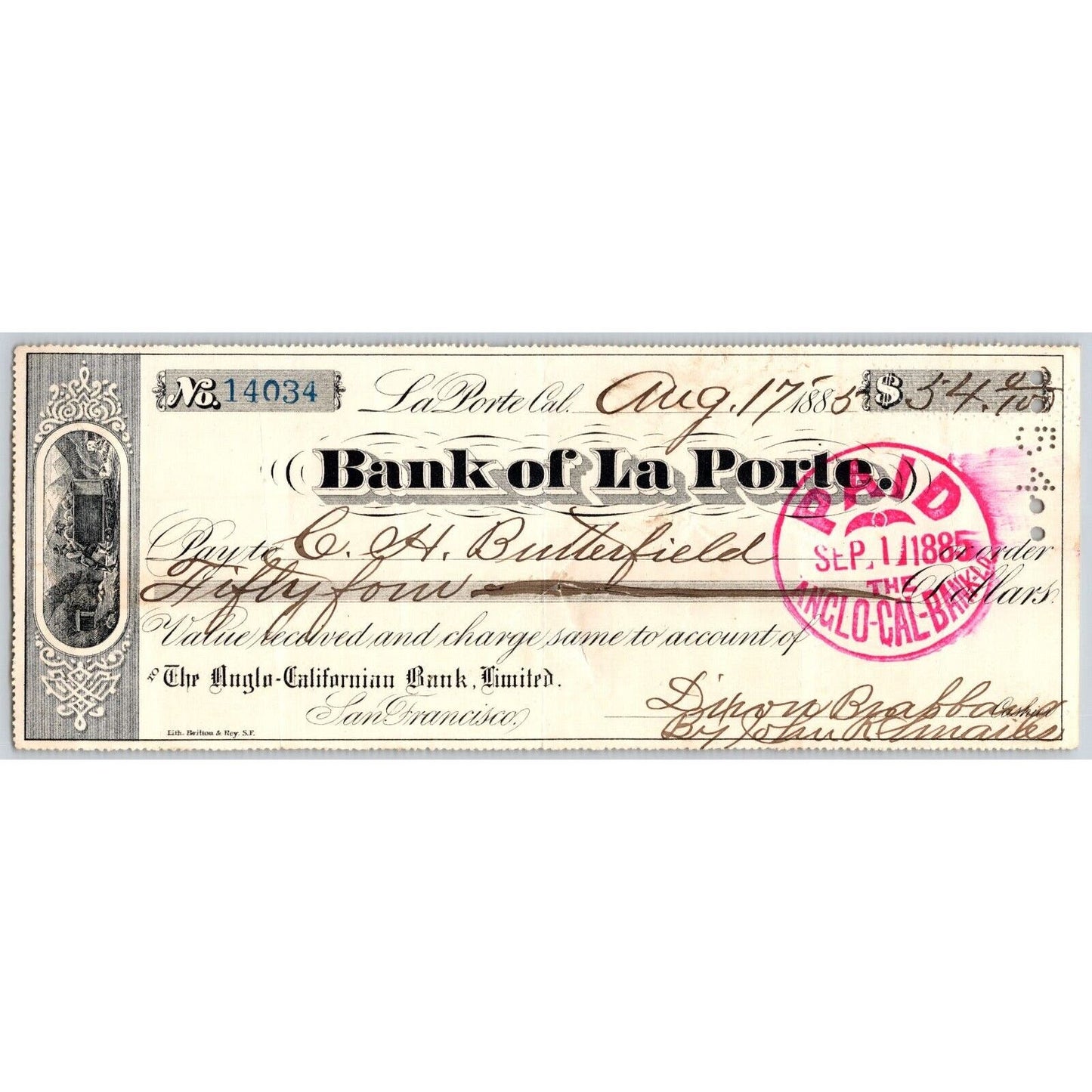 Bank of La Porte Check Charles H. Butterfield 1885 Mining Vignette #14034