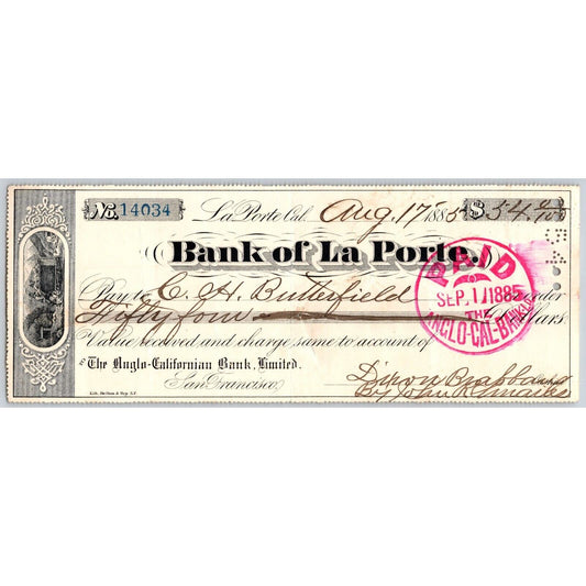 Bank of La Porte Check Charles H. Butterfield 1885 Mining Vignette #14034