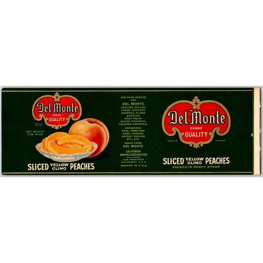 Del Monte Sliced Yellow Cling Peaches Paper Can Label 1930's VGC