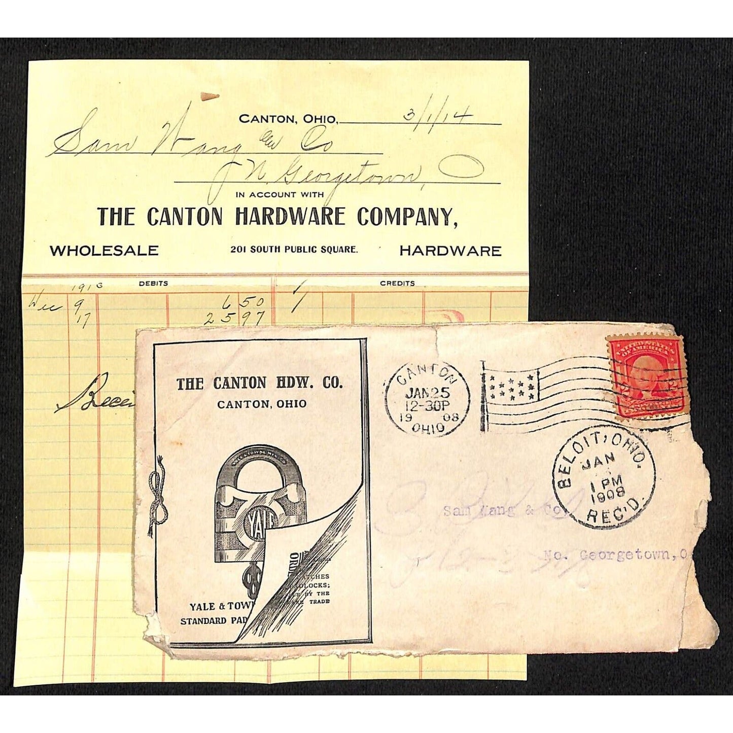Canton Hardware Co. Samuel Wang Co* North Georgetown 1914 Billhead & 1908 Cover