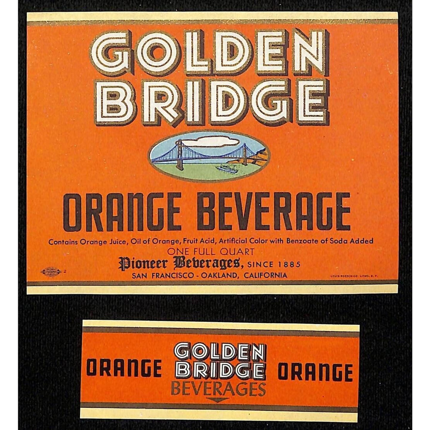 Golden Bridge Orange Beverage Pioneer Soda Bottle Label Set c1950's VGC Scarce
