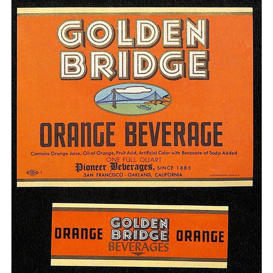Golden Bridge Orange Beverage Pioneer Soda Bottle Label Set c1950's VGC Scarce