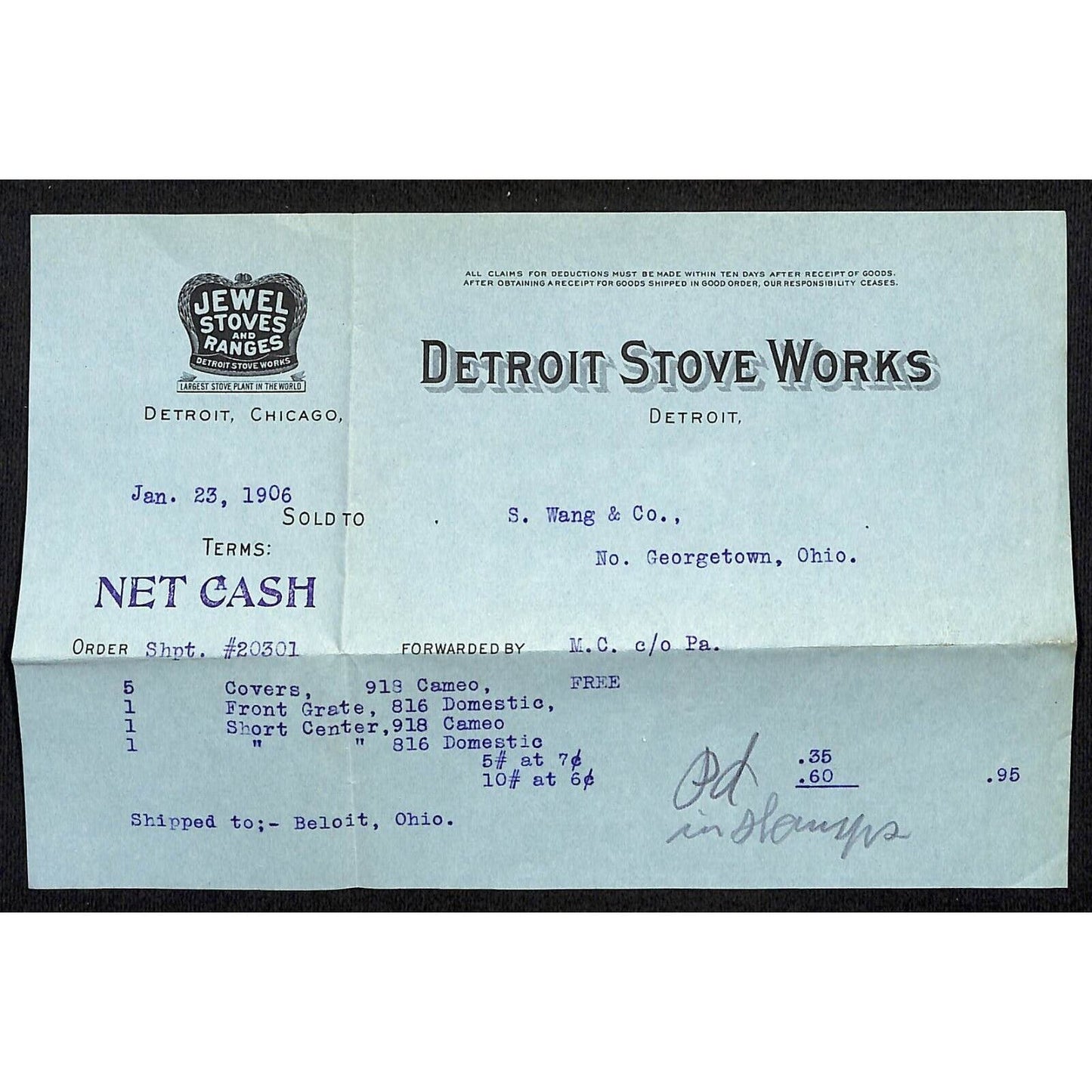 Detroit Stove Works / Samuel Wang Co* North Georgetown 1906 Billhead & Cover +