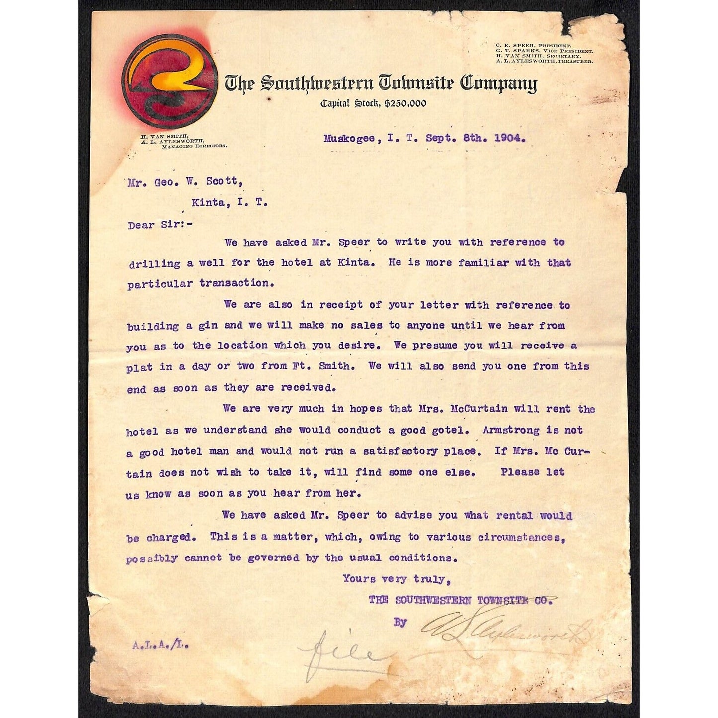 1904 Southwestern Townsite Co. I.T. Muskogee, OK Letterhead w/ Color Logo Art