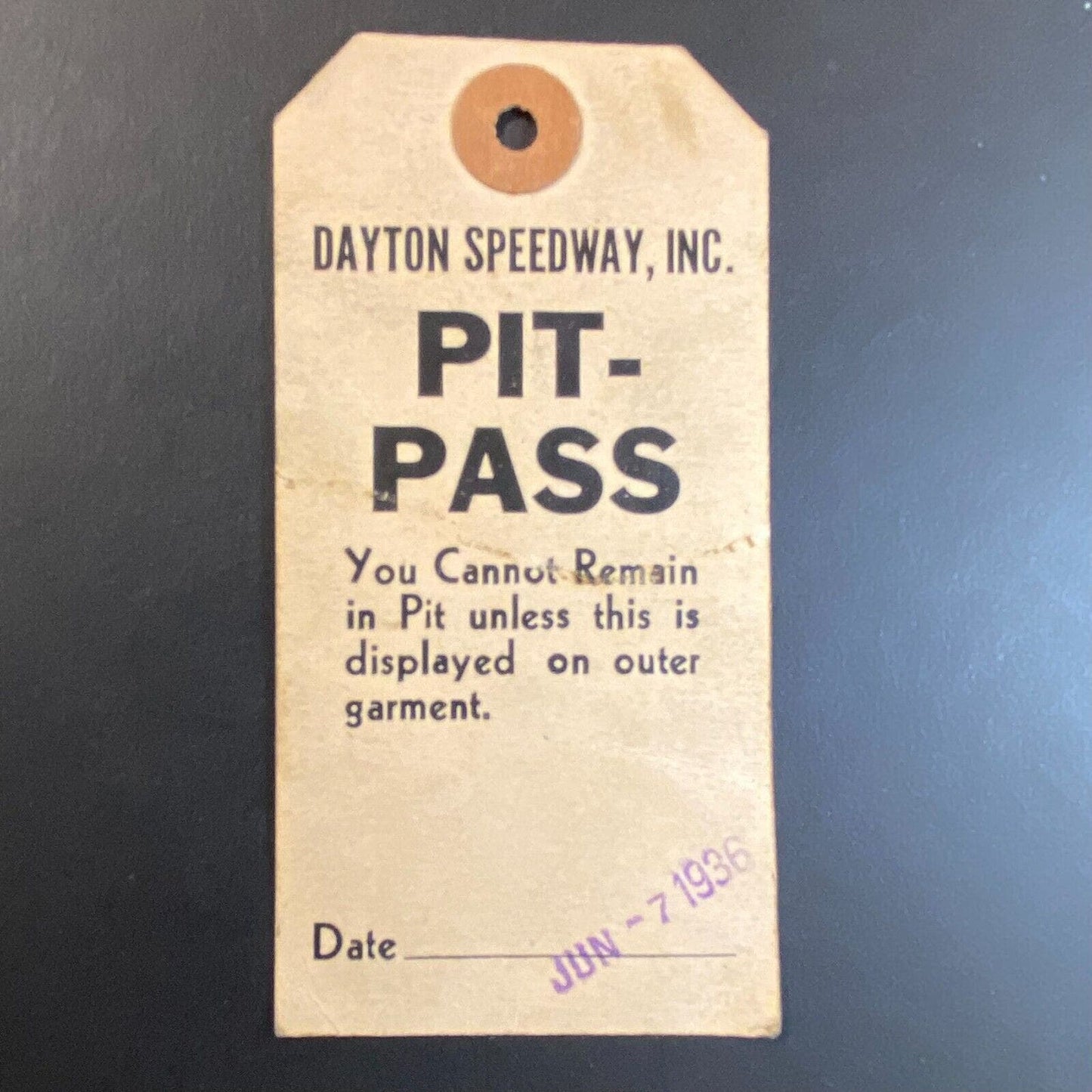 Dayton Speedway 1936 Pit Pass Tag June 7, 1939 Auto Racing Races - Very Scarce