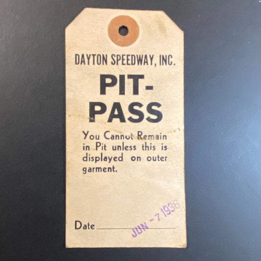 Dayton Speedway 1936 Pit Pass Tag June 7, 1939 Auto Racing Races - Very Scarce