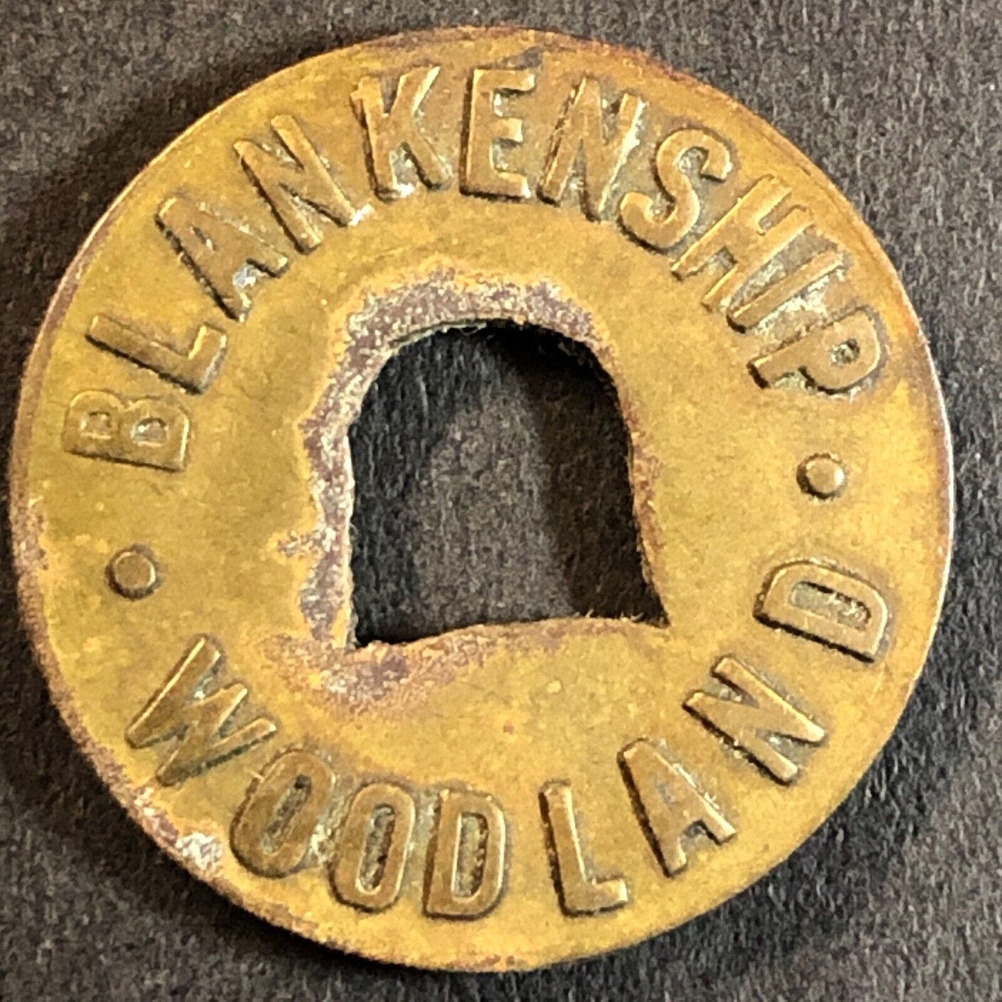 Blankenship Woodland (CA Cigars Billiards) Brass G/F 5c Trade Token 21mm c1930s