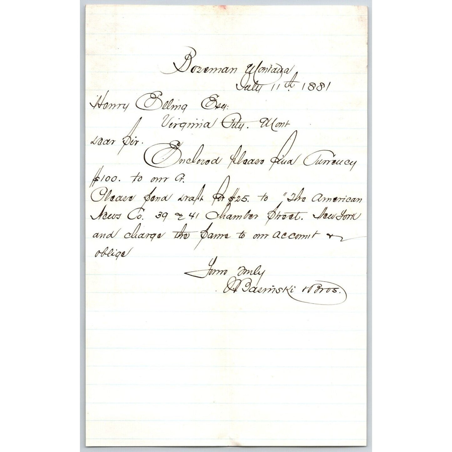 1881 J. Basinski & Bros. Miles City Cash Store ALS to Henry Elling* re: Payment