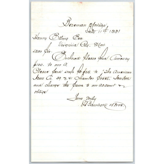 1881 J. Basinski & Bros. Miles City Cash Store ALS to Henry Elling* re: Payment