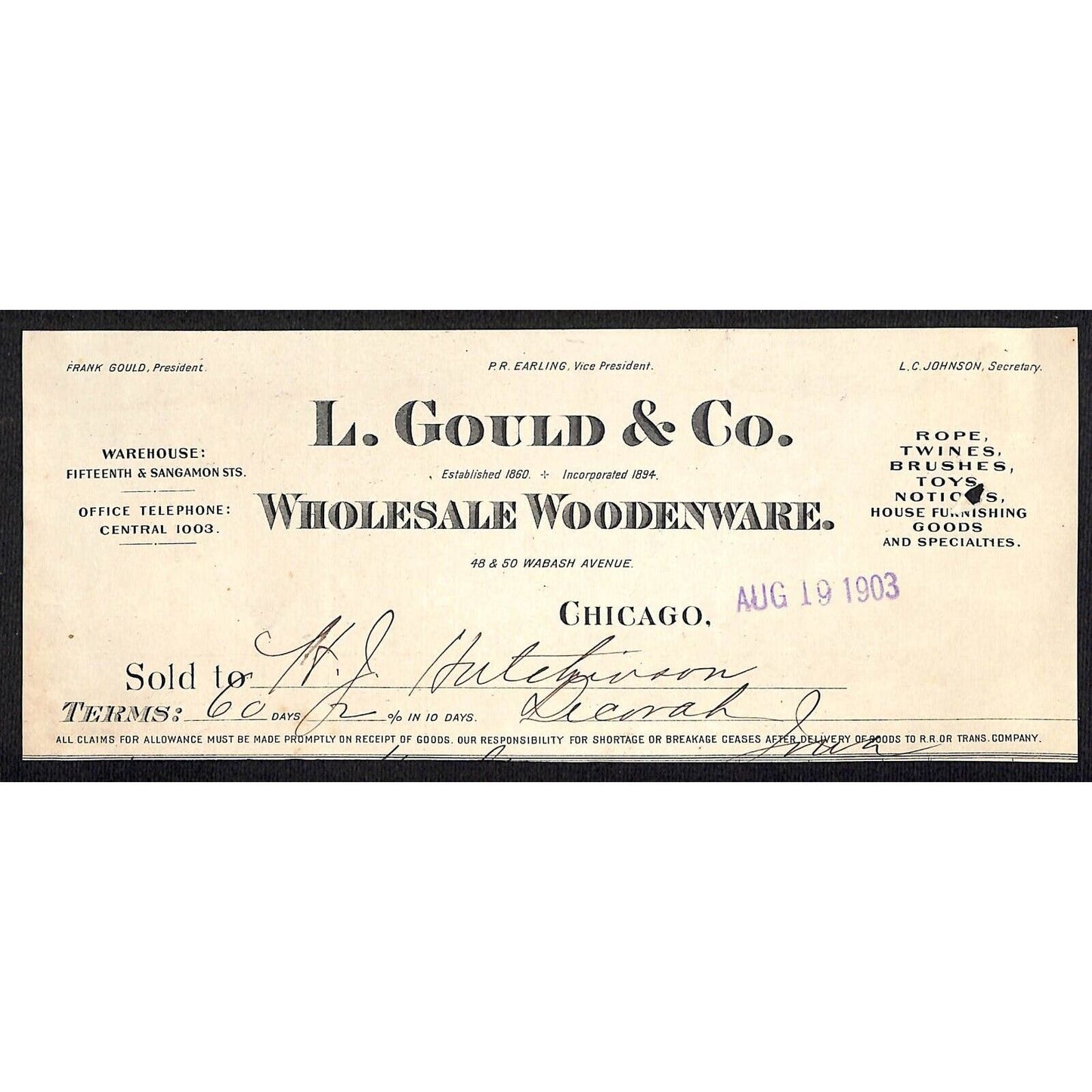 L. Gould & Co. Woodenware Chicago HJ Hutchinson Decorah, IA* Cut 1903 Billhead
