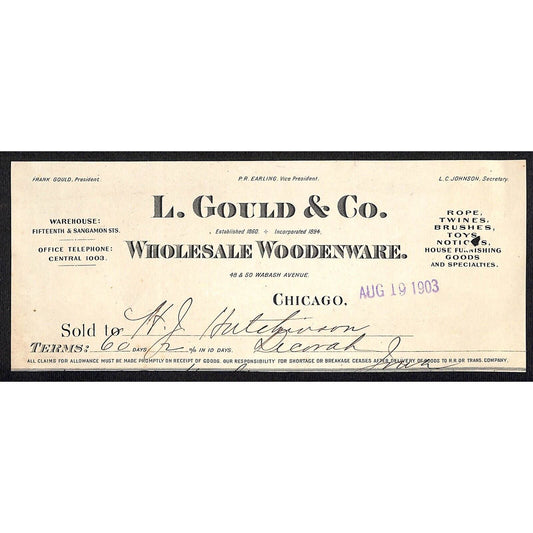 L. Gould & Co. Woodenware Chicago HJ Hutchinson Decorah, IA* Cut 1903 Billhead