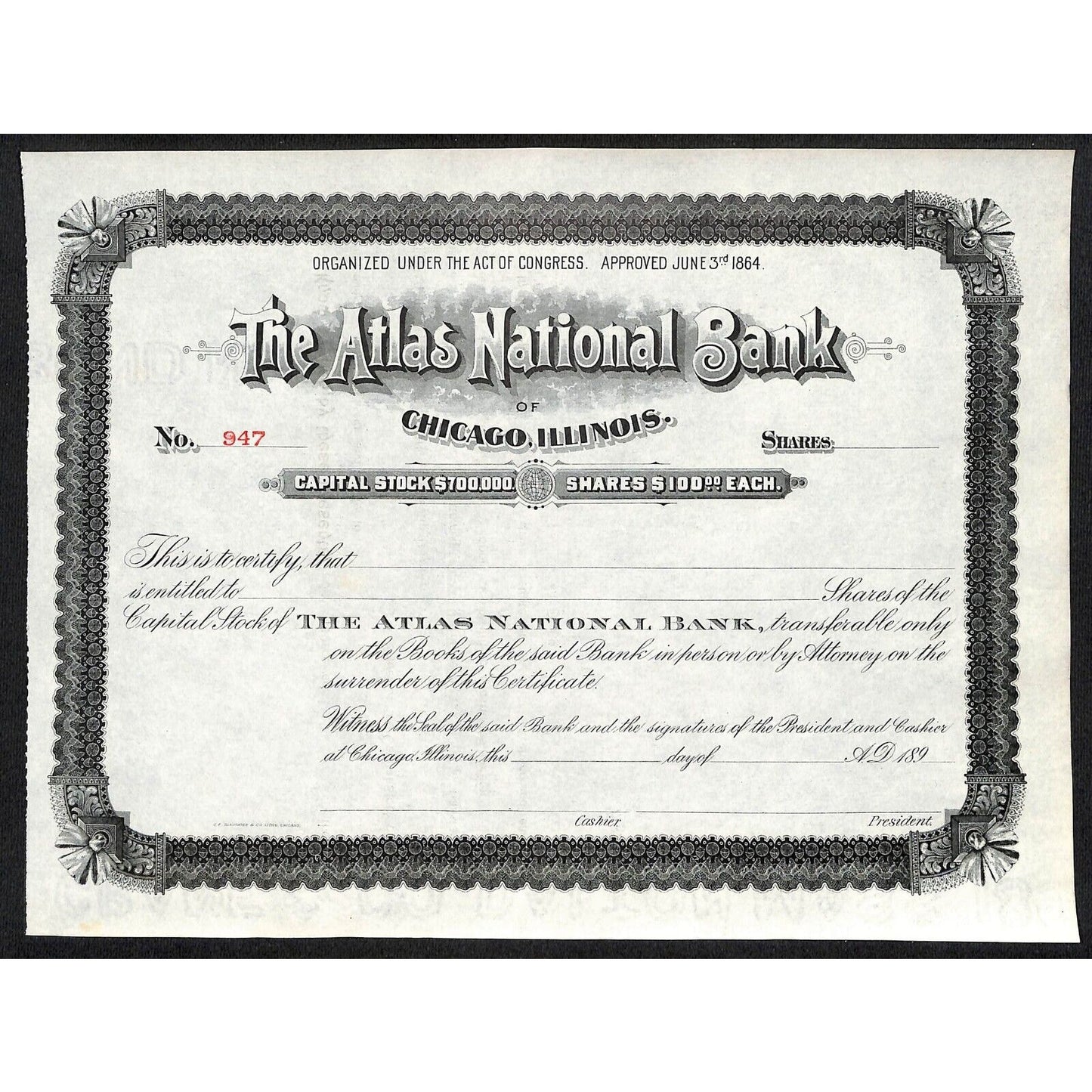 Atlas National Bank Chicago 1890's 189x Stock Certificate Unissued #947