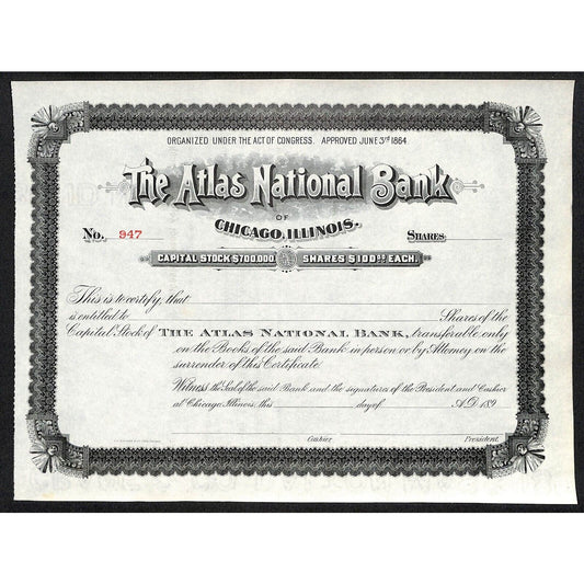 Atlas National Bank Chicago 1890's 189x Stock Certificate Unissued #947