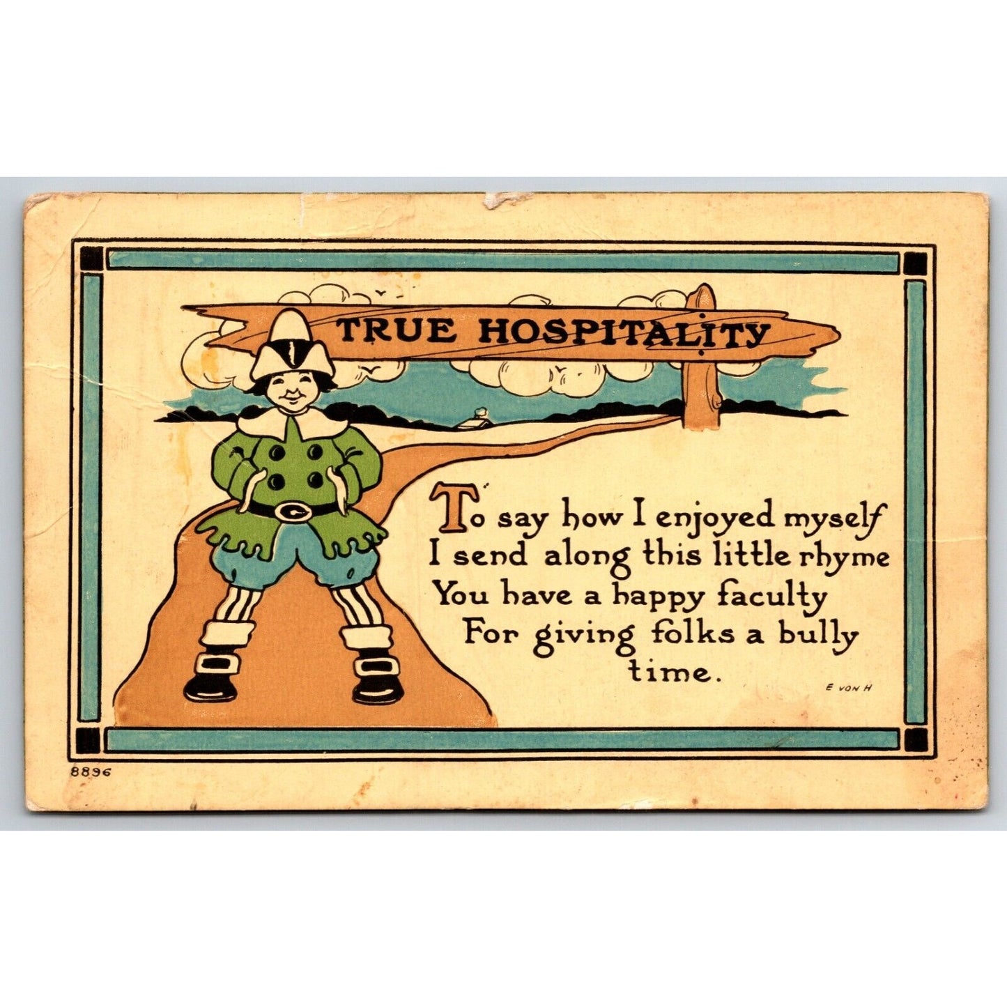 Cute "True Hospitality" Rhyme "Bully Good Time" Postcard PM 1915