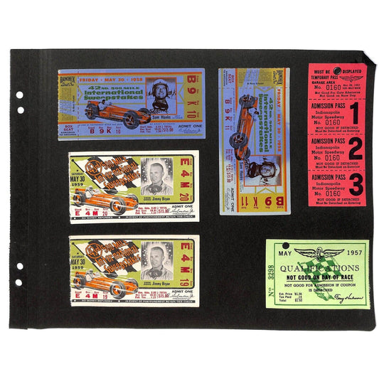 2 1959 & 2 1958 Indy 500 Ticket Stubs ++ Affixed on Black Scrapbook Page VGC