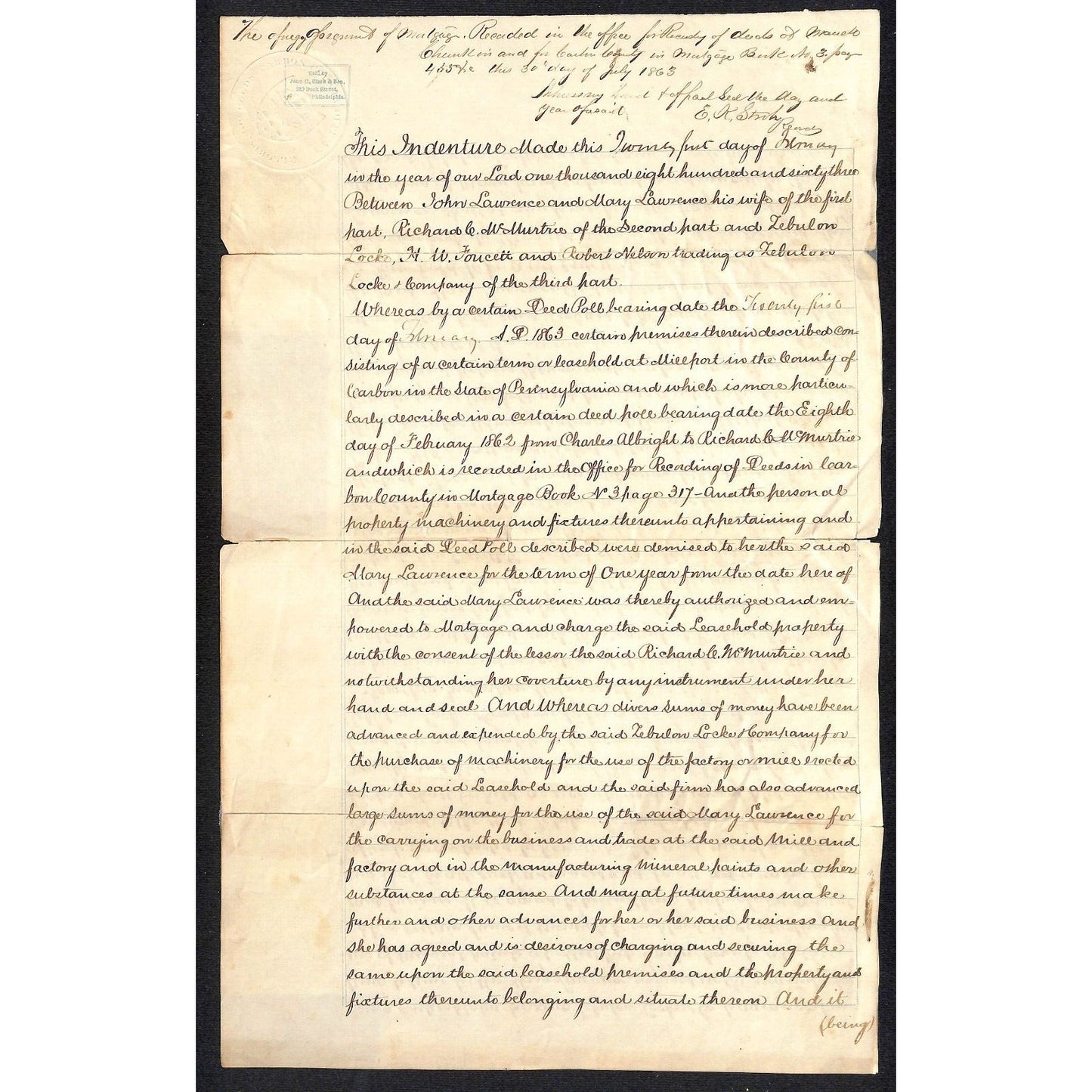 1863 Millport, PA (Aquashicola) Deed Document John Lawrence Richard C. McMurtrie