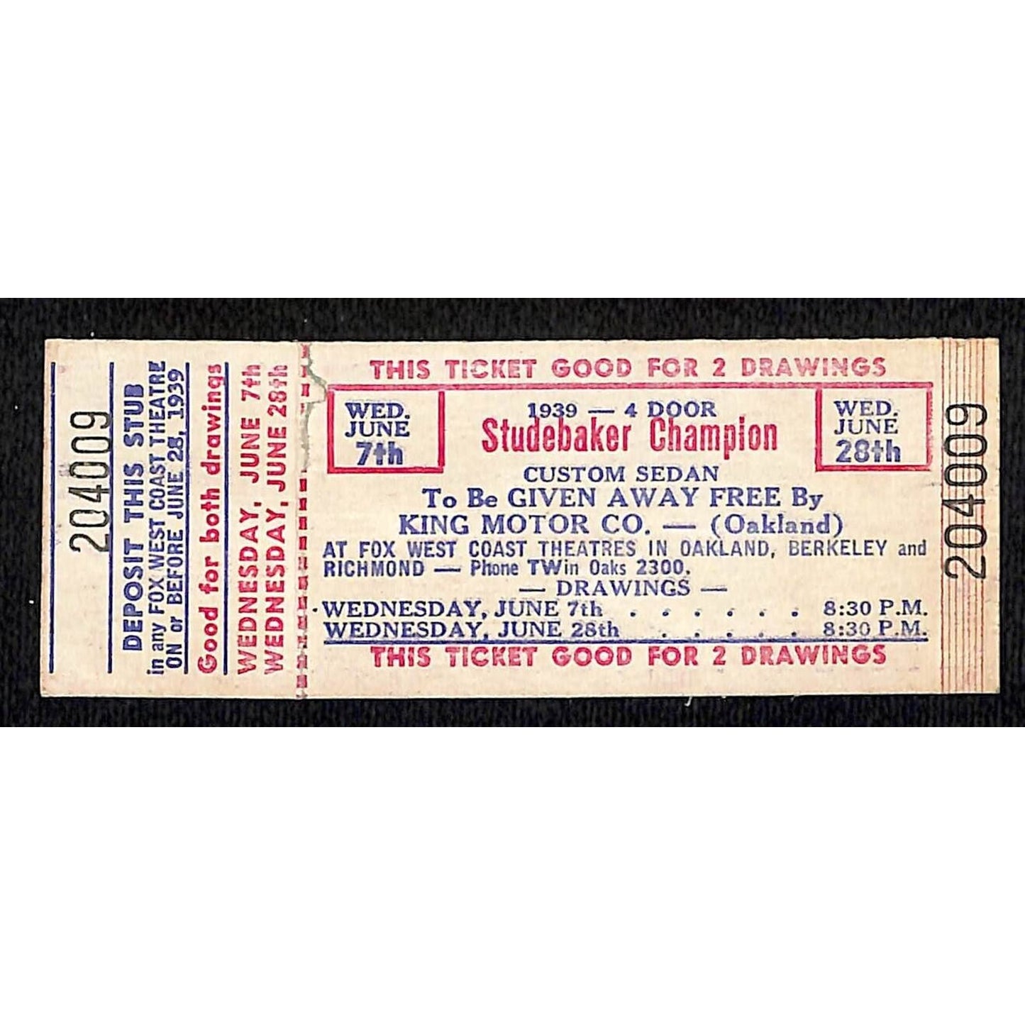 1939 Studebaker Champion Raffle Drawing Ticket at Fox Theatre Oakland Berkeley