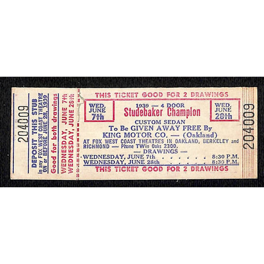 1939 Studebaker Champion Raffle Drawing Ticket at Fox Theatre Oakland Berkeley