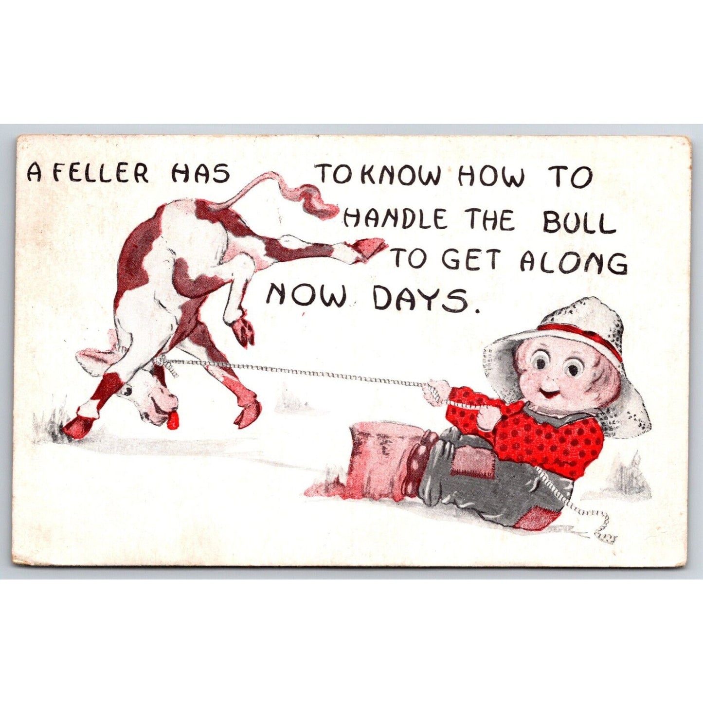 Funny Farm Humor Postcard "Handle the Bull" Boy Tames Bull PM 1913