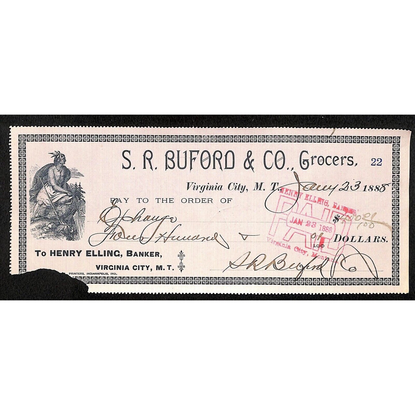 1888 Henry Elling Virginia City Montana Territory S.R. Buford Grocers Check #22