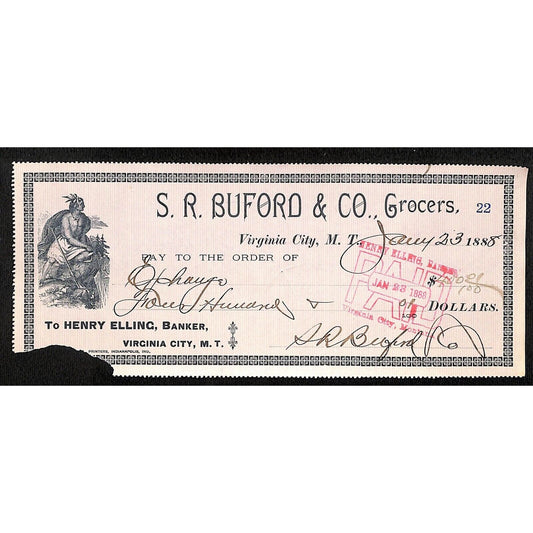 1888 Henry Elling Virginia City Montana Territory S.R. Buford Grocers Check #22