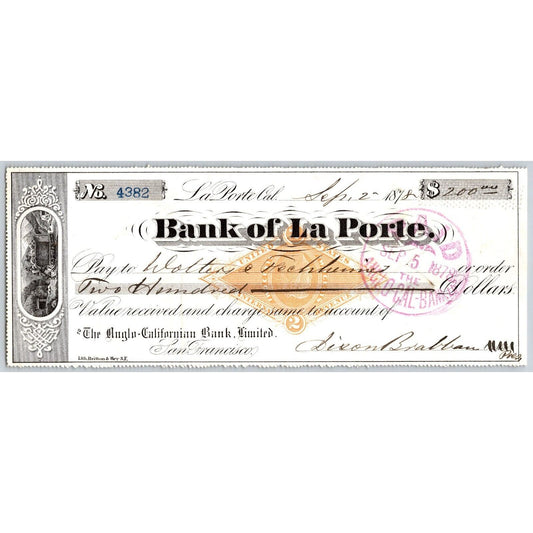 Bank of La Porte Check Wolters & Fee?? 1878 Mining Vignette RN-G1 Rev Stamp 4382