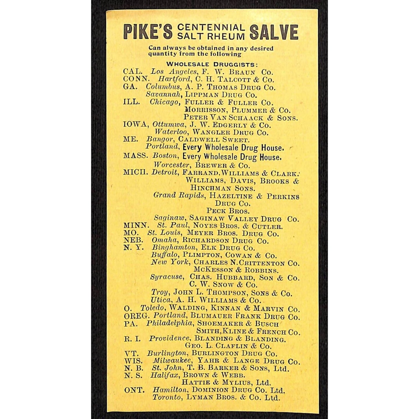 Pike's Centennial Salt Rheum 3" x 5 5/8" Mailer / Circular c1890's-1900