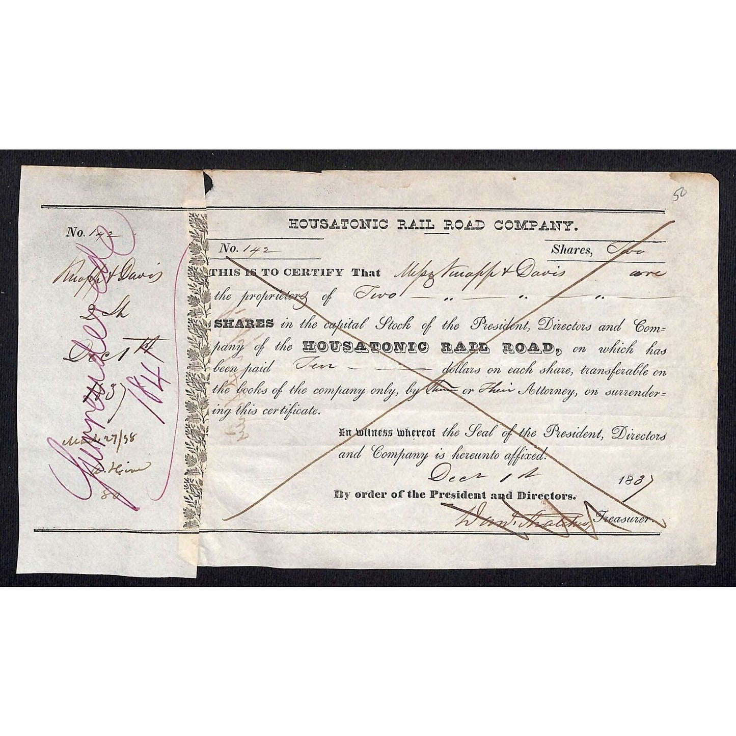Housatonic Rail Road (CT) 1837 Stock Certificate Knapp & Davis (New Milford ?)