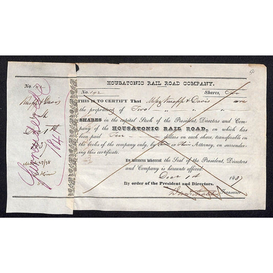 Housatonic Rail Road (CT) 1837 Stock Certificate Knapp & Davis (New Milford ?)