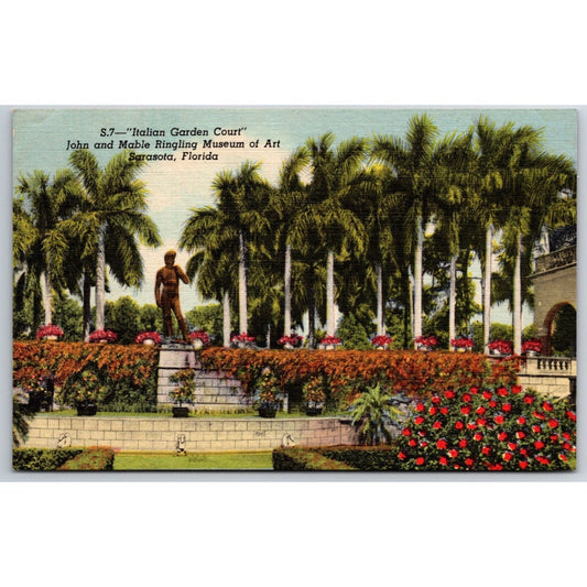 Italian Garden Ringling Art Museum Sarasota, FL Linen Postcard c1935-50 NP VGC