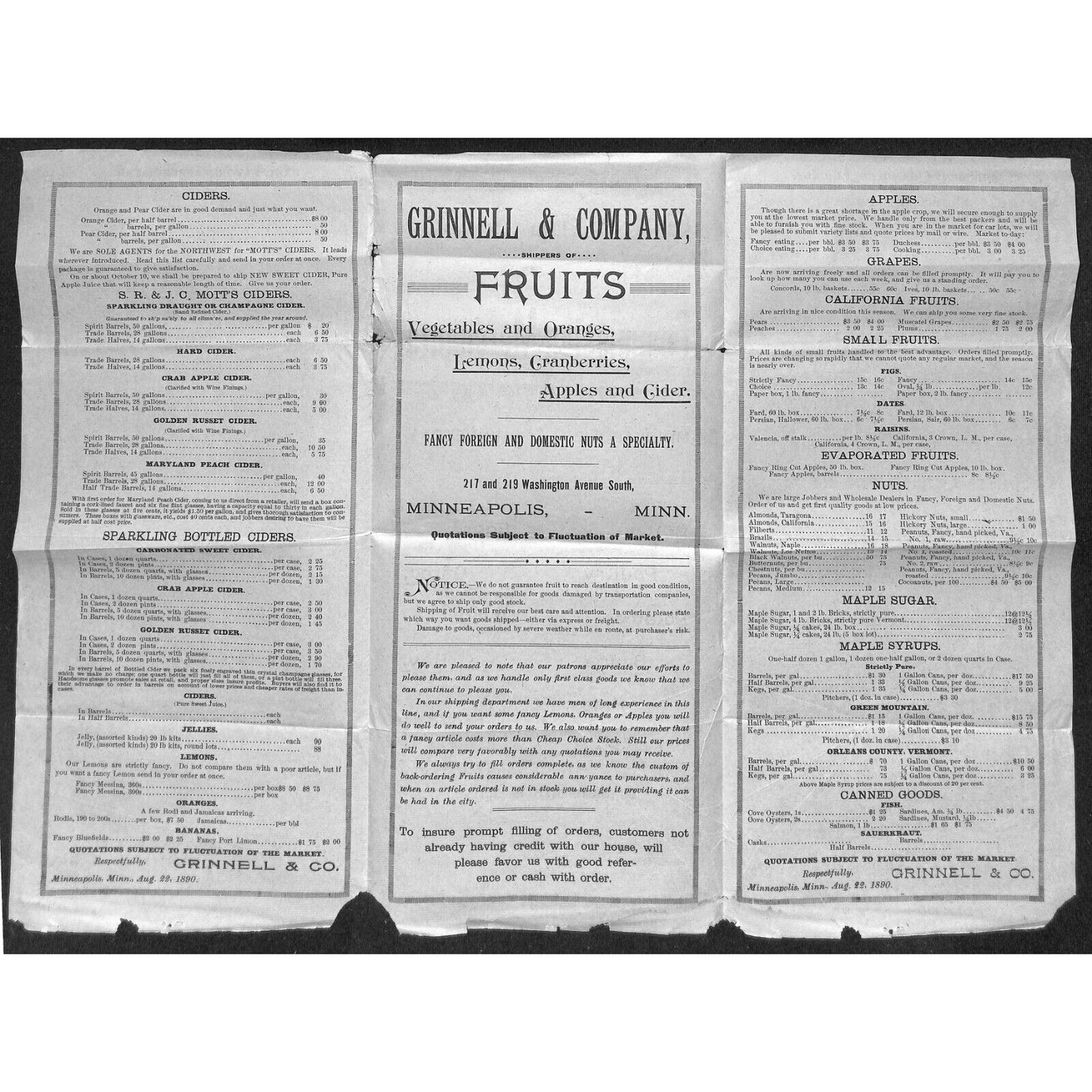 Grinnell & Co. Minneapolis Fruit Produce Merchants 1890 Price List Sheet Scarce